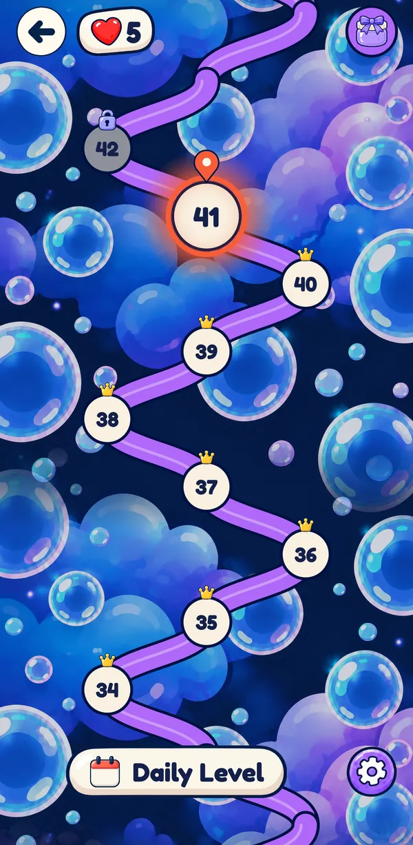 The level path with numbered levels, crowns on solved levels and the Daily Level button.