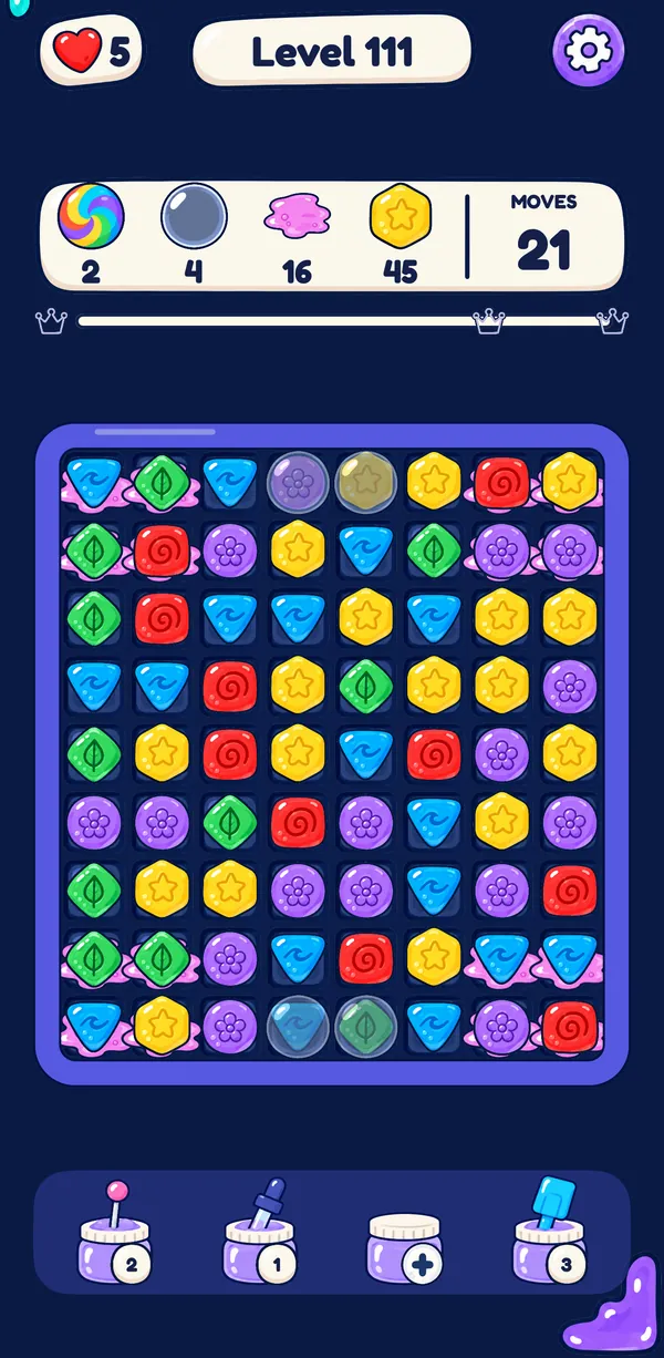 A Ringcade level: a board of coloured stones, the level goals and remaining moves above, boosters below.