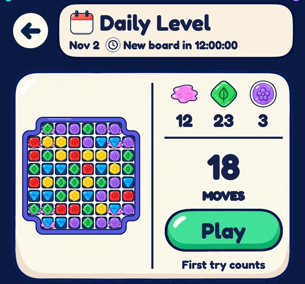 The Daily Level screen: today’s board, its goals, 18 moves and a Play button.